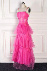 Princess Long Hot Pink Prom Dresses Ruffle 2024 Tiered Formal Dress Spaghetti Straps MyChicDress
